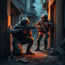An intense scene depicting two soldiers engaged in combat inside a town battlefield, working together to provide mutual cover