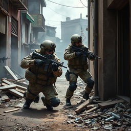An intense scene depicting two soldiers engaged in combat inside a town battlefield, working together to provide mutual cover