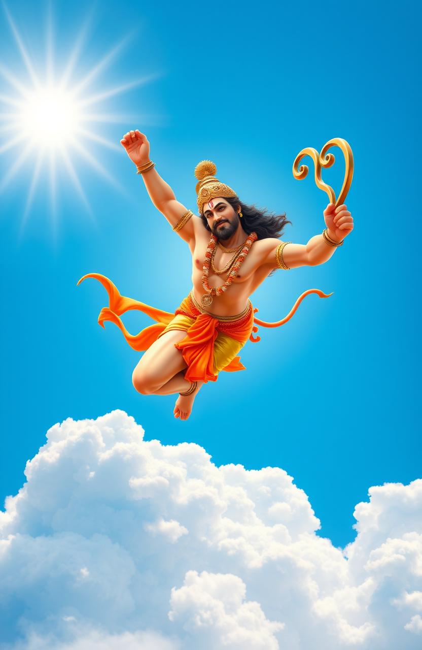 Hanuman Ji, the Hindu deity, soaring majestically through a bright blue sky