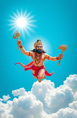 Hanuman Ji, the Hindu deity, soaring majestically through a bright blue sky
