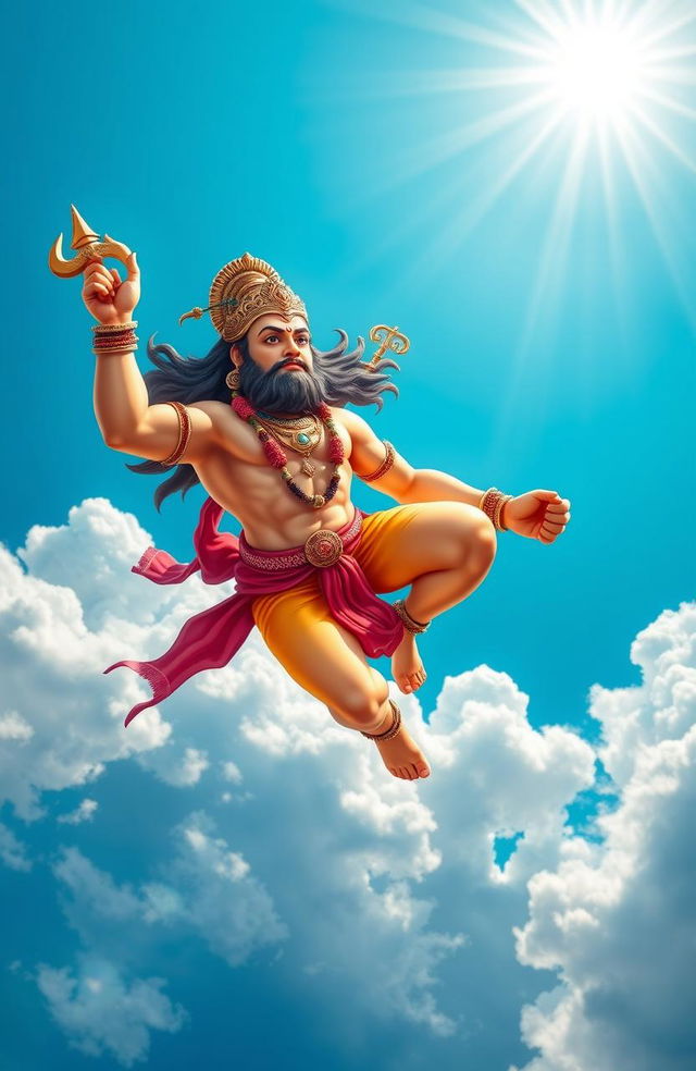 Hanuman Ji, the Hindu deity, soaring majestically through a bright blue sky