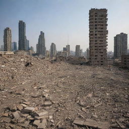 Three years later, the damaged cityscape begins to transform again. The rubble has been cleared, and new, stubborn skyscrapers rise from the ruins, reflecting the resilience and hope of its citizens for a recovered future.