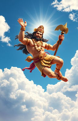 Hanuman Ji, the Hindu deity, soaring majestically through a bright blue sky