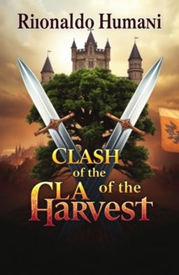 A dramatic fantasy cover design featuring two swords crossed in an X shape, with a large, majestic tree positioned at the intersection of the swords