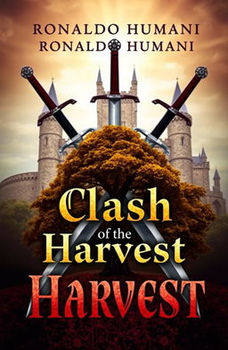 A dramatic fantasy cover design featuring two swords crossed in an X shape, with a large, majestic tree positioned at the intersection of the swords