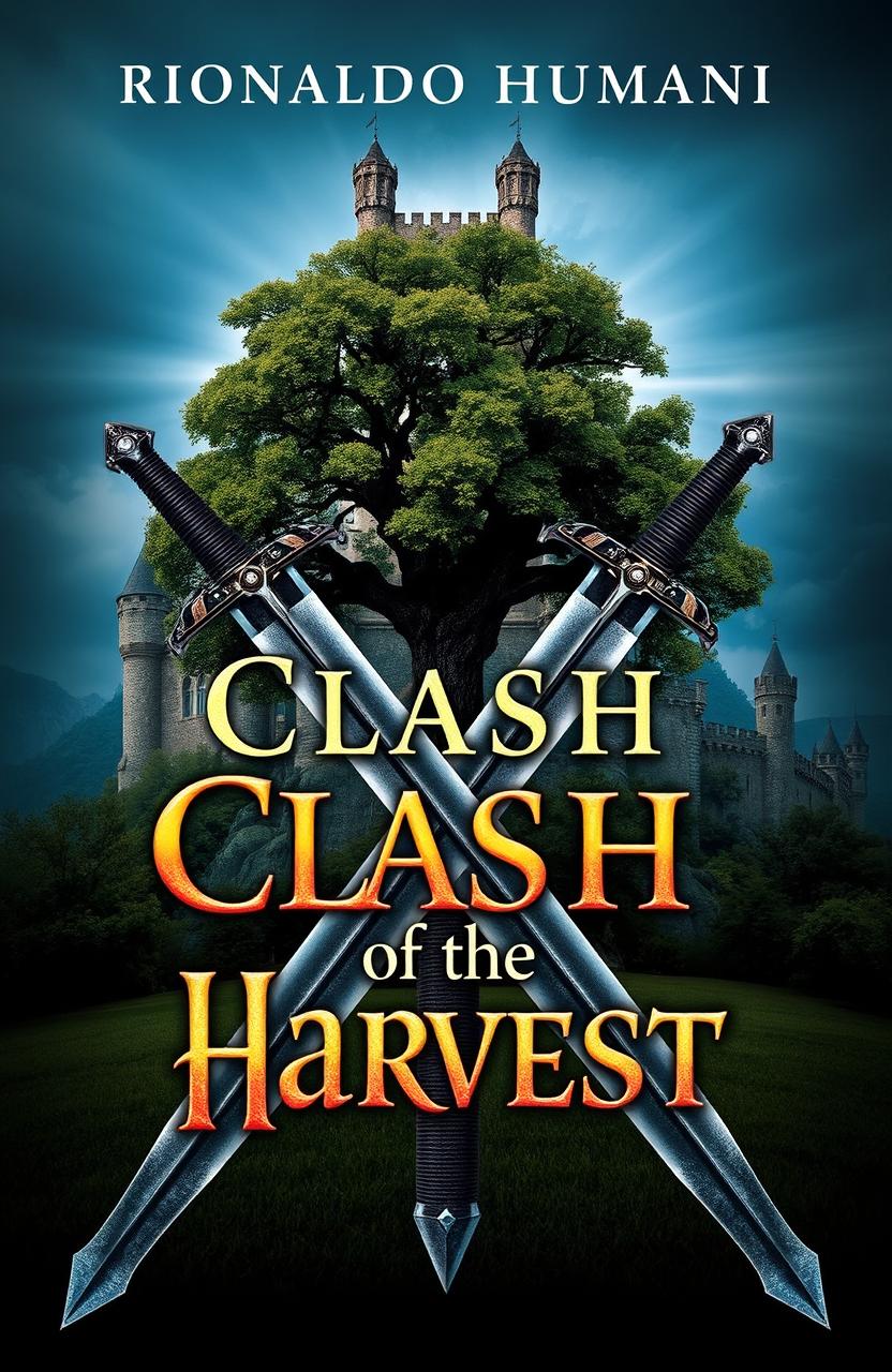 A dramatic fantasy cover design featuring two swords crossed in an X shape, with a large, majestic tree positioned at the intersection of the swords