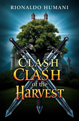 A dramatic fantasy cover design featuring two swords crossed in an X shape, with a large, majestic tree positioned at the intersection of the swords