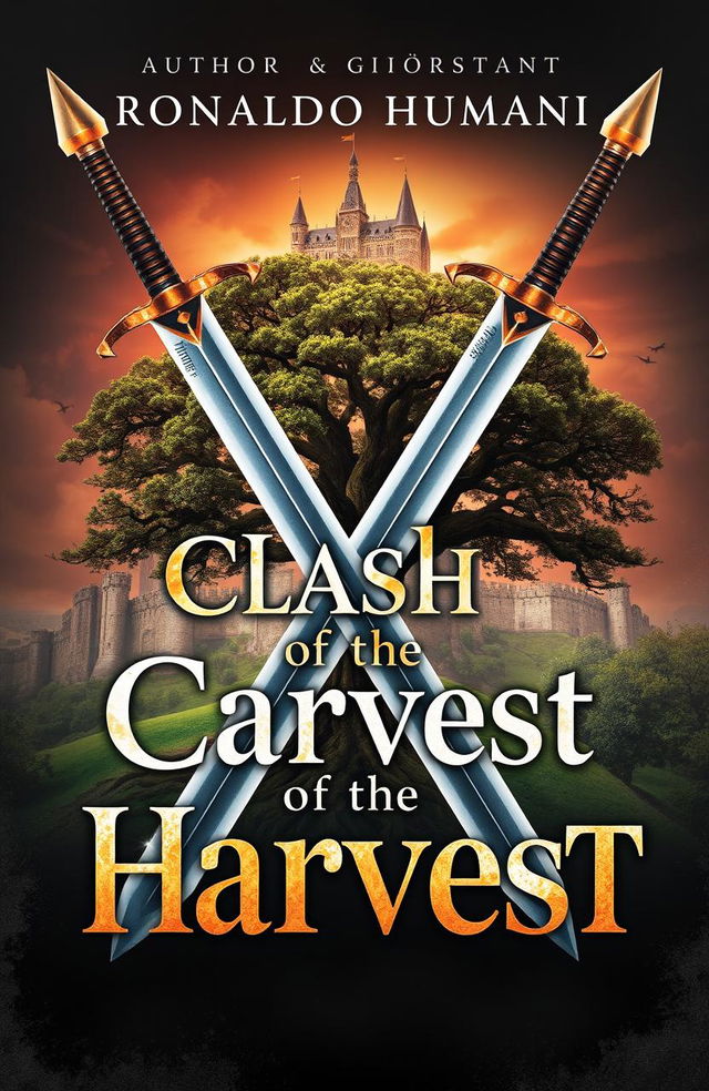 A dramatic fantasy cover design featuring two swords crossed in an X shape, with a large, majestic tree positioned at the intersection of the swords