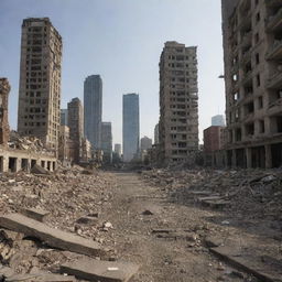 Three years later, the damaged cityscape begins to transform again. The rubble has been cleared, and new, stubborn skyscrapers rise from the ruins, reflecting the resilience and hope of its citizens for a recovered future.