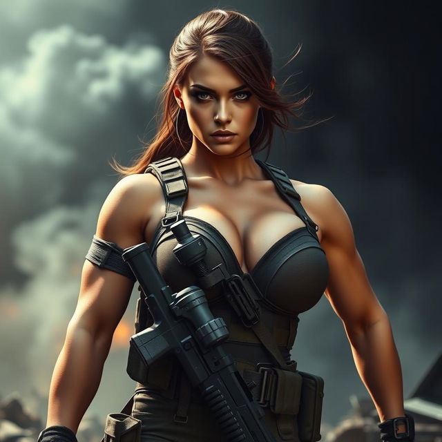 A strong, confident female soldier with brunet hair and large breasts, wearing tactical military gear