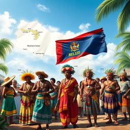 An artistic representation showcasing the various cultures found in Belize, including traditional attire from the Mestizo, Garifuna, Creole, and Mayan communities