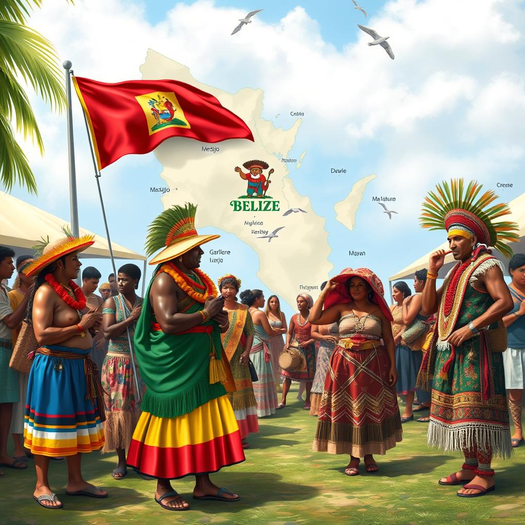 An artistic representation showcasing the various cultures found in Belize, including traditional attire from the Mestizo, Garifuna, Creole, and Mayan communities