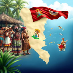 An artistic representation showcasing the various cultures found in Belize, including traditional attire from the Mestizo, Garifuna, Creole, and Mayan communities