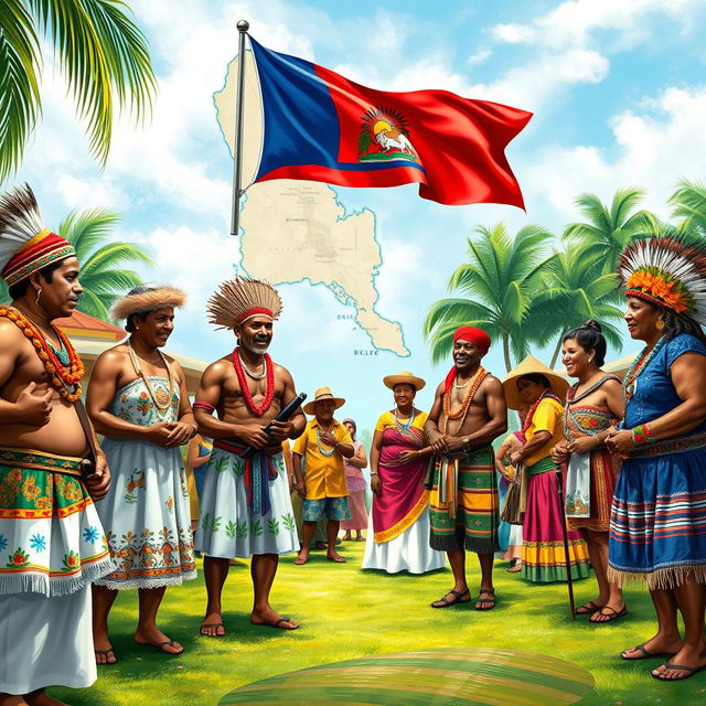 An artistic representation showcasing the various cultures found in Belize, including traditional attire from the Mestizo, Garifuna, Creole, and Mayan communities