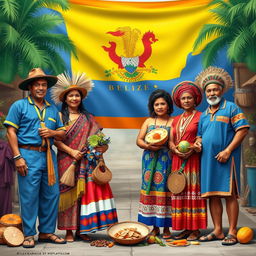 A vibrant and colorful representation of the diverse cultures in Belize, showcasing traditional attire from various ethnic groups such as Mestizo, Garifuna, Creole, and Maya