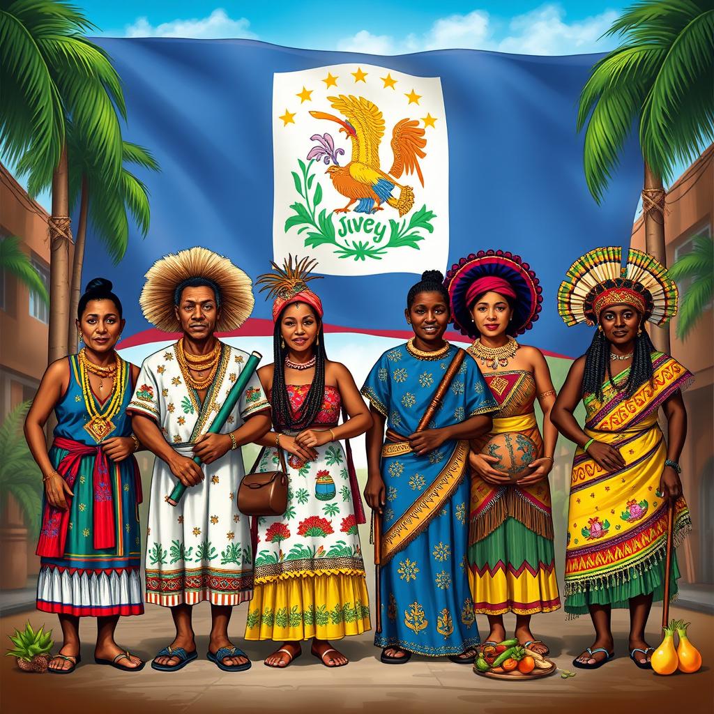 A vibrant and colorful representation of the diverse cultures in Belize, showcasing traditional attire from various ethnic groups such as Mestizo, Garifuna, Creole, and Maya