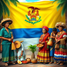 A vibrant and colorful representation of the diverse cultures in Belize, showcasing traditional attire from various ethnic groups such as Mestizo, Garifuna, Creole, and Maya