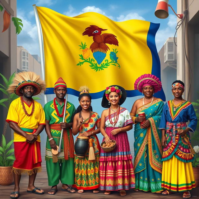 A vibrant and colorful representation of the diverse cultures in Belize, showcasing traditional attire from various ethnic groups such as Mestizo, Garifuna, Creole, and Maya