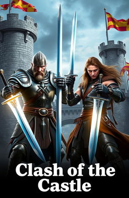 Two fierce warriors holding gleaming swords, standing at a tense standoff in a medieval castle environment