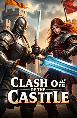 Two fierce warriors holding gleaming swords, standing at a tense standoff in a medieval castle environment