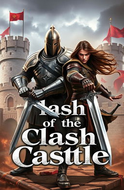 Two fierce warriors holding gleaming swords, standing at a tense standoff in a medieval castle environment