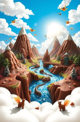 A fantastical world made entirely of chocolate, featuring towering chocolate mountains, flowing rivers of molten chocolate, and lush chocolate forests