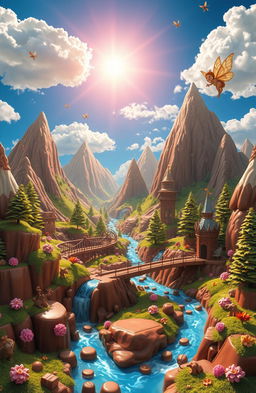A fantastical world made entirely of chocolate, featuring towering chocolate mountains, flowing rivers of molten chocolate, and lush chocolate forests