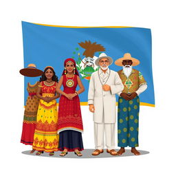 An illustrative representation showcasing the cultural diversity of Belize, featuring the Mestizo, Maya, Mennonite, and Garifuna communities