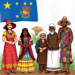 An illustrative representation showcasing the cultural diversity of Belize, featuring the Mestizo, Maya, Mennonite, and Garifuna communities