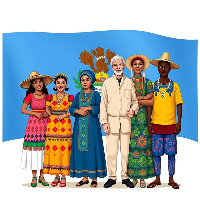 An illustrative representation showcasing the cultural diversity of Belize, featuring the Mestizo, Maya, Mennonite, and Garifuna communities