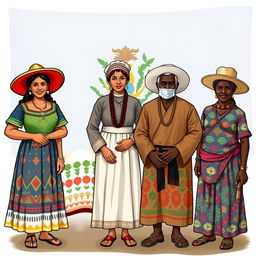 An illustrative representation showcasing the cultural diversity of Belize, featuring the Mestizo, Maya, Mennonite, and Garifuna communities