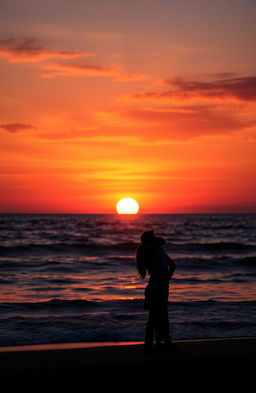 A romantic sunset scene by the beach, with two silhouettes of people about to embrace