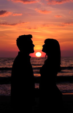 A romantic sunset scene by the beach, with two silhouettes of people about to embrace