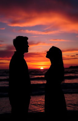 A romantic sunset scene by the beach, with two silhouettes of people about to embrace