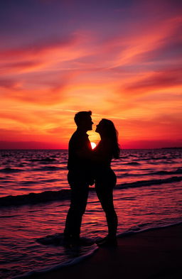 A romantic sunset scene by the beach, with two silhouettes of people about to embrace