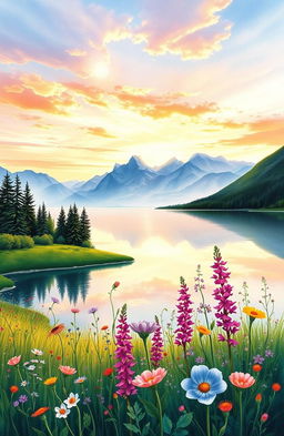 A stunning watercolor painting depicting a serene landscape with a calm lake surrounded by lush greenery, vibrant wildflowers in the foreground, and majestic mountains in the background