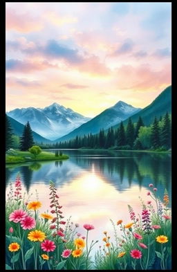 A stunning watercolor painting depicting a serene landscape with a calm lake surrounded by lush greenery, vibrant wildflowers in the foreground, and majestic mountains in the background