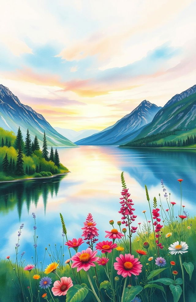 A stunning watercolor painting depicting a serene landscape with a calm lake surrounded by lush greenery, vibrant wildflowers in the foreground, and majestic mountains in the background