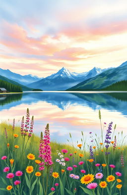 A stunning watercolor painting depicting a serene landscape with a calm lake surrounded by lush greenery, vibrant wildflowers in the foreground, and majestic mountains in the background