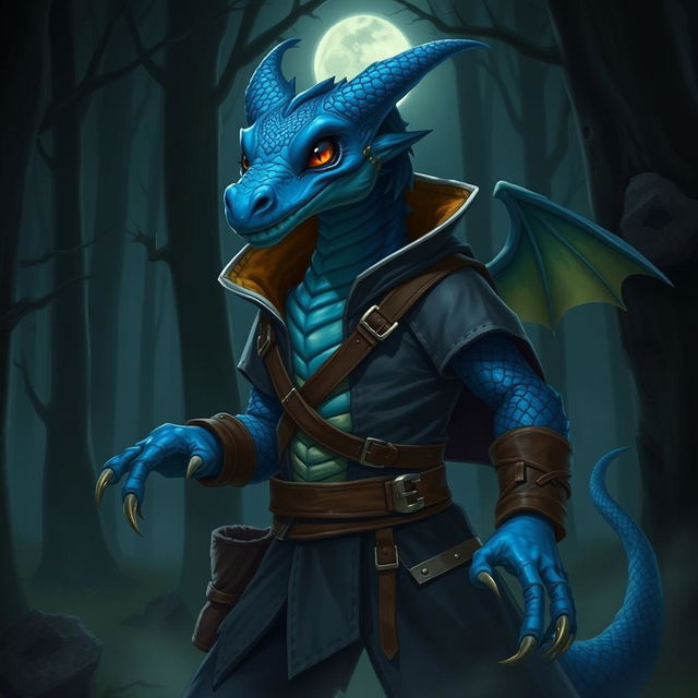 A blue draconian character wearing a rogue outfit, with intricate details on the clothing including leather straps and a hood