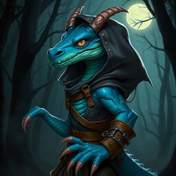 A blue draconian character wearing a rogue outfit, with intricate details on the clothing including leather straps and a hood