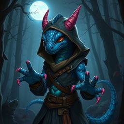 A blue draconian character wearing a rogue outfit, with intricate details on the clothing including leather straps and a hood