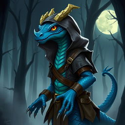 A blue draconian character wearing a rogue outfit, with intricate details on the clothing including leather straps and a hood