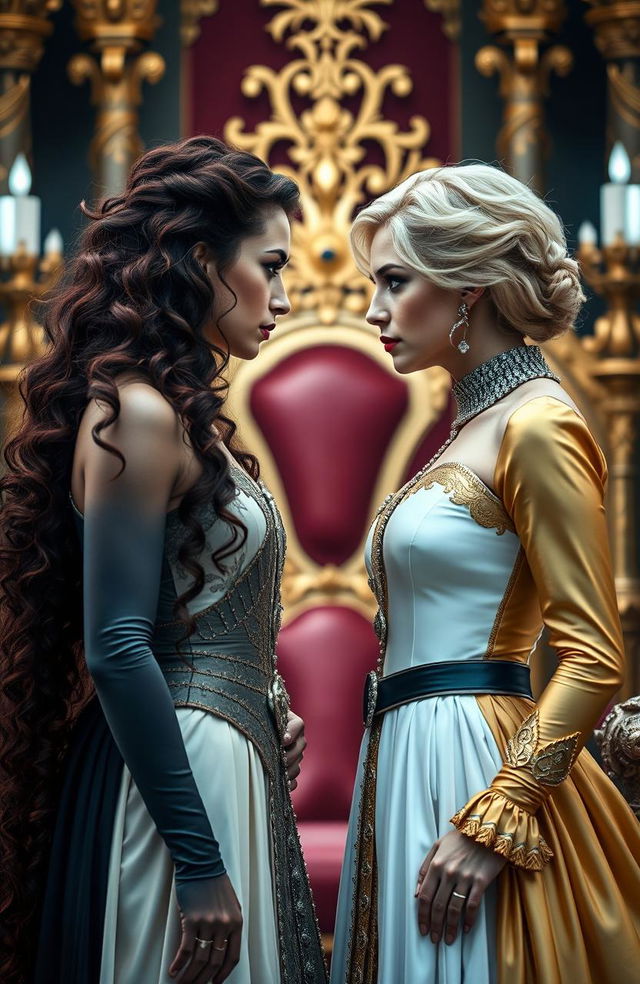 Two queens facing each other with an intense gaze