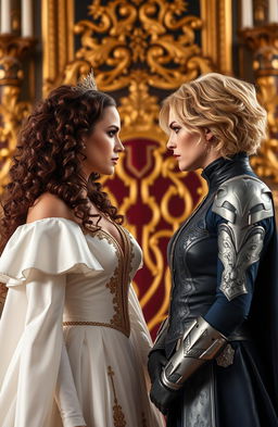 Two queens facing each other with an intense gaze