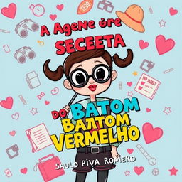 A colorful and whimsical book cover for a children's book titled 'A Agente Secreta do Batom Vermelho' by Saulo Piva Romero