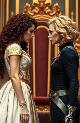 Two queens facing each other with an intense gaze