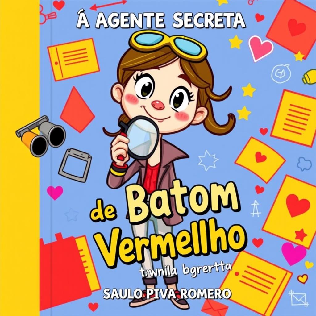 A colorful and whimsical book cover for a children's book titled 'A Agente Secreta do Batom Vermelho' by Saulo Piva Romero