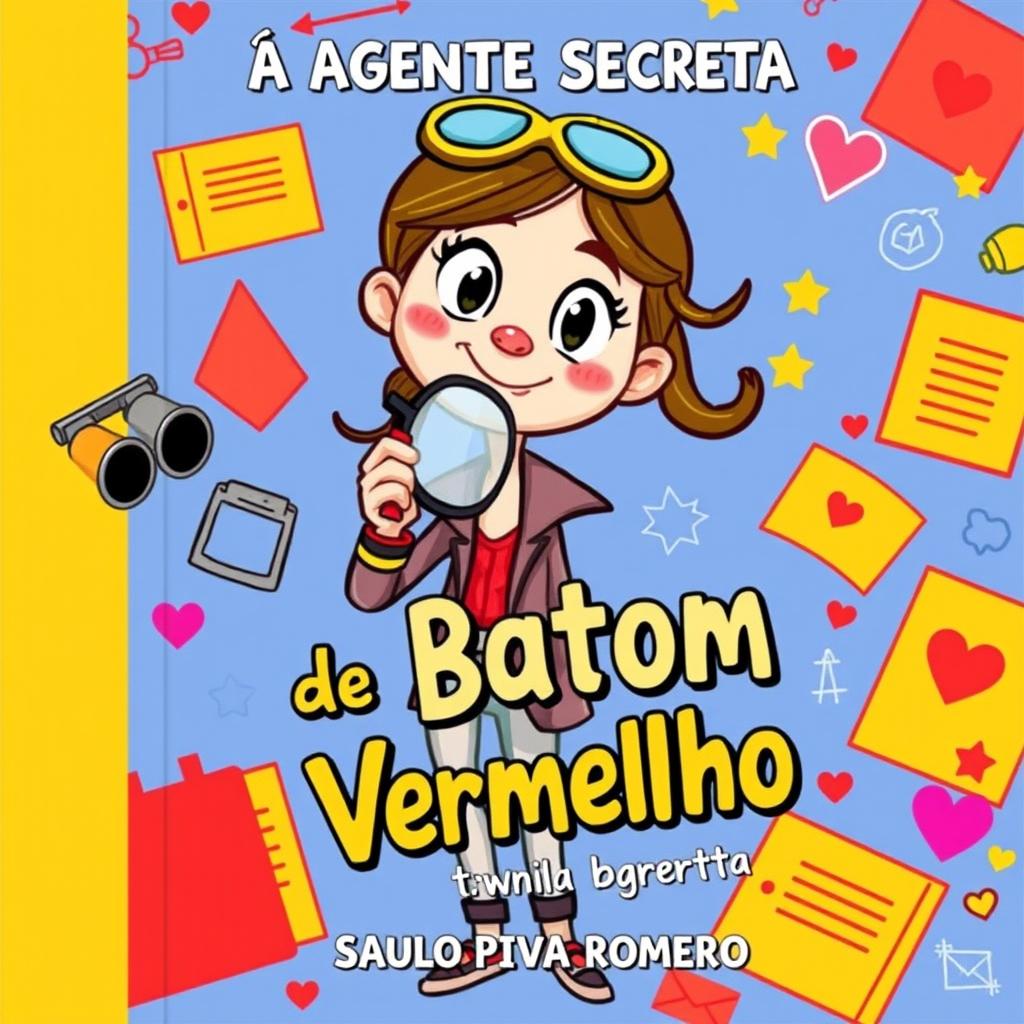 A colorful and whimsical book cover for a children's book titled 'A Agente Secreta do Batom Vermelho' by Saulo Piva Romero