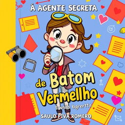 A colorful and whimsical book cover for a children's book titled 'A Agente Secreta do Batom Vermelho' by Saulo Piva Romero